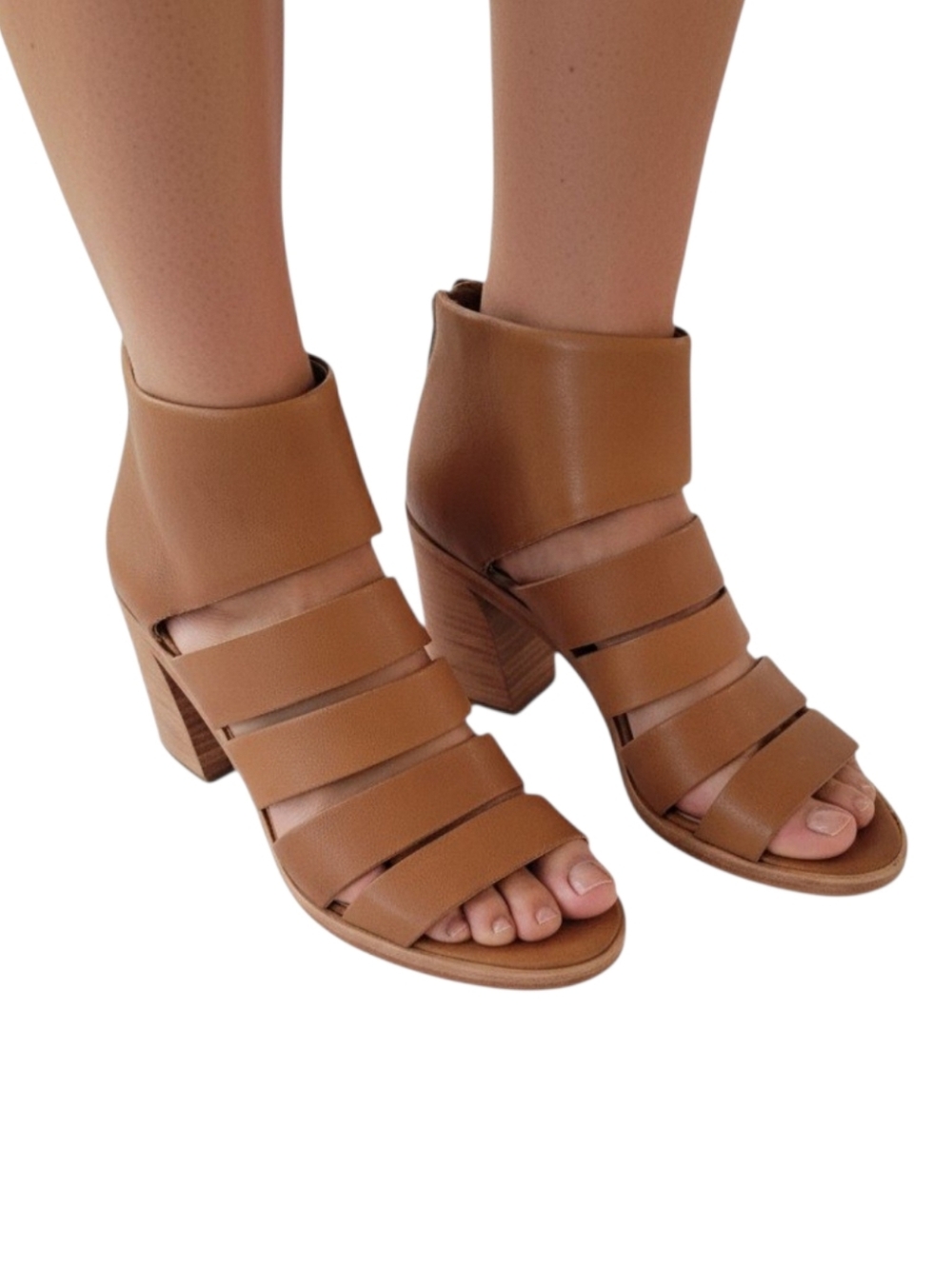 Frye‎ Tash Cognac Leather Strappy Bootie Sandal Heels Size 9M Boho Block Heel